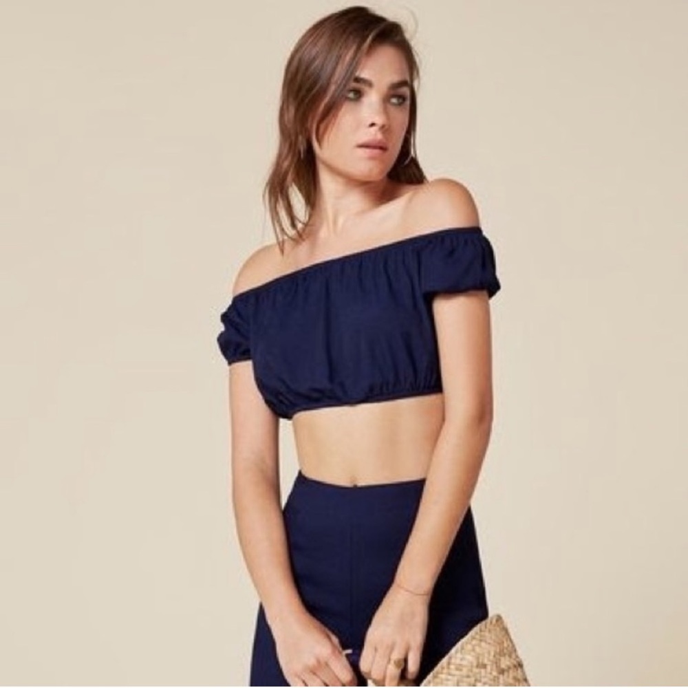 REFORMATION Off Shoulder Blue Crop Top